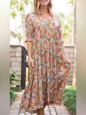 Natural Life Rebecca Midi fuchsia Floral Tiered Midi Dress. Sz XL. Cottagecore